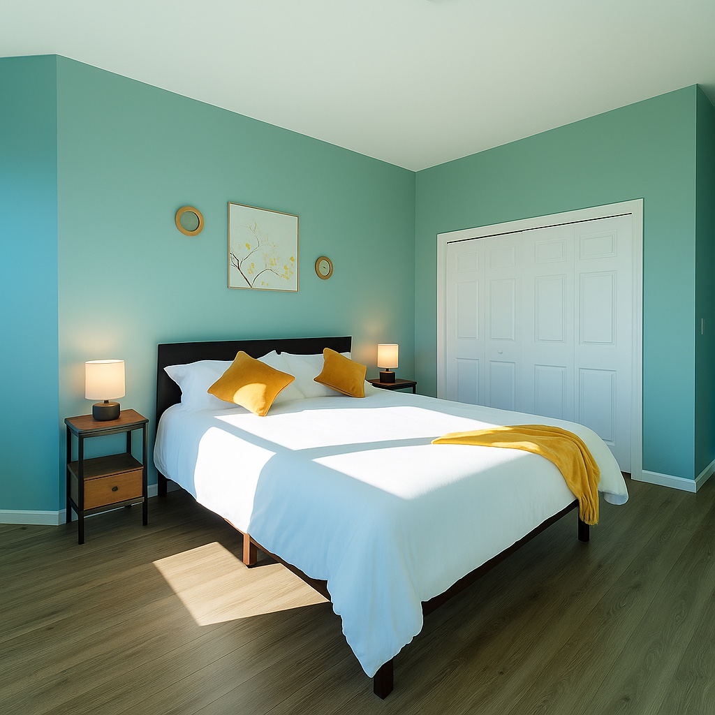 A sunlit Village Affair bedroom prepared for guests